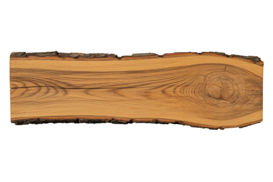Natural wood slab with rustic bark edge ideal for design projects and backgrounds showcasing wood grain texture and patterns, transparent background