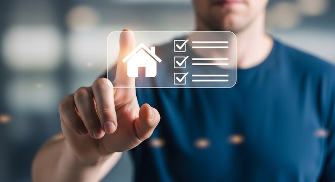Man using digital interface to manage home checklist  Smart home technology real estate app