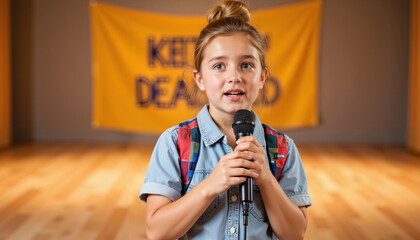 Young girl speaking into microphone on stage with banner background  