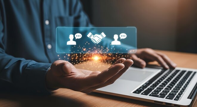 Businessman using laptop displays digital networking partnership communication icons symbolizing online collaboration and dealmaking
