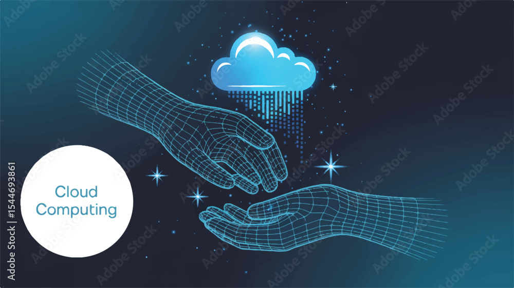 Poster cloud computing illustration: an illustrative depiction of hands cradling a cloud, symbolizing the i