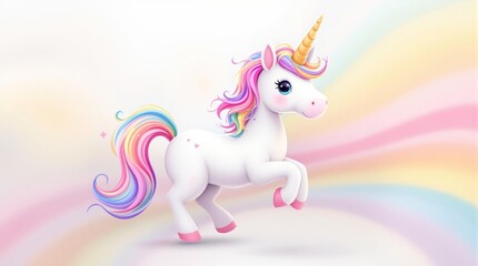 Fototapeta premium Cute unicorn with rainbow mane and tail prancing against a pastel background