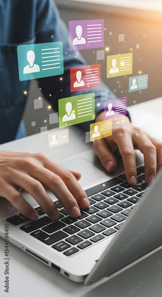 Poster managing online profiles efficiently laptop user interacting with digital identities social media ne