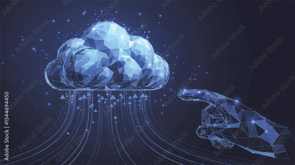Poster digital cloud interaction: a futuristic representation of cloud computing, depicting a geometric han