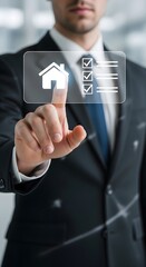 A businessman uses a digital interface to manage a home checklist for property sales or real estate transactions.