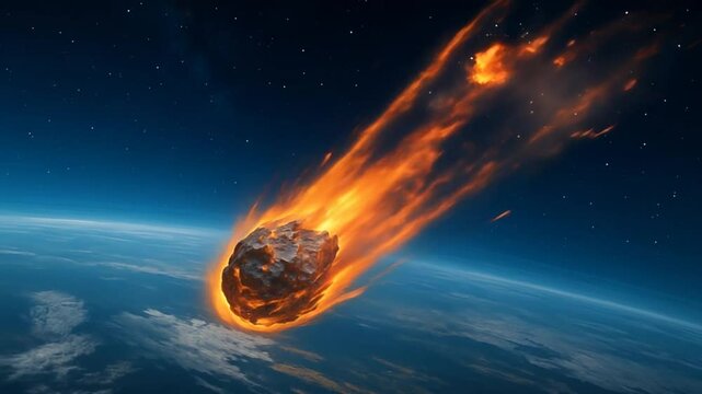 Burning meteor entering Earth's atmosphere with glowing fire trail against starry space background.