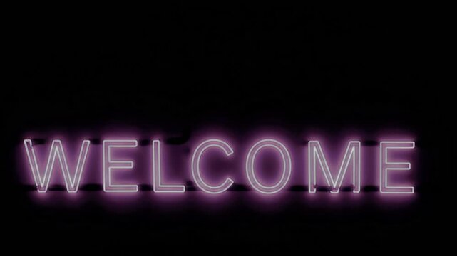 A vibrant purple neon sign spelling out &ldquo;WELCOME&rdquo; against a dark background. The letters have a glowing outline and a bright inner fill