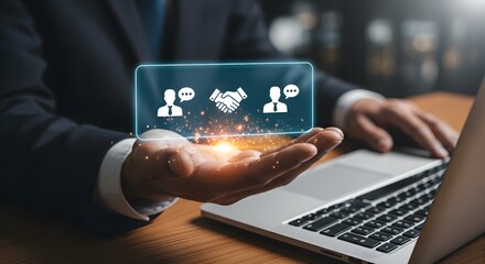 Businessman presenting digital networking technology showcasing online communication and partnership opportunities.