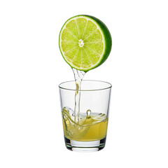 Fototapeta premium Lime juice pouring into a glass on white background