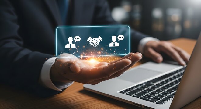 Businessman presenting digital networking technology showcasing online communication and partnership opportunities.