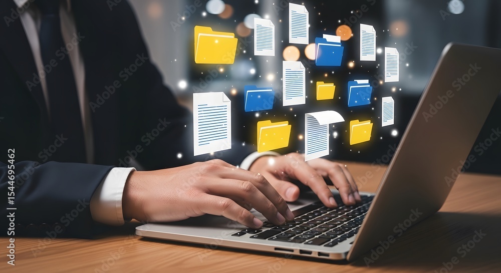 Aufkleber businessperson manages digital files efficiently using a laptop computer showcasing modern data mana