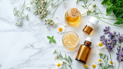 Essential oils and natural herbs on marble background for spa wellness and beauty product composition