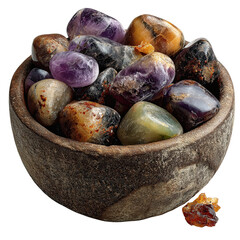 Obraz premium Colorful gemstones in a rustic bowl, showcasing their unique shapes and textures. isolated on a white background.