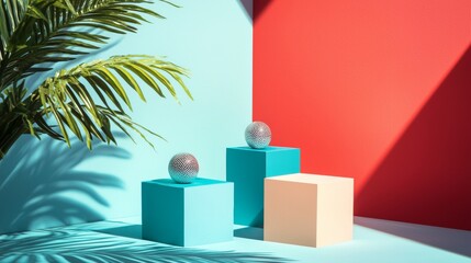 Pastel platform display with palm leaves and geometric spheres for modern visual product presentation layout