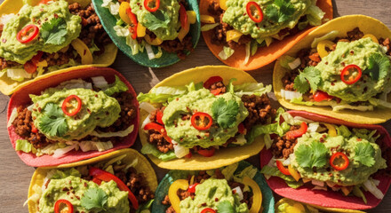 An overhead shot of colorful tacos filled with meat, lettuce, guacamole, and red pepper toppings
