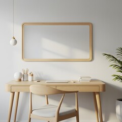 Minimalist home office desk with mockup frame