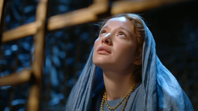 A young woman's confession to a priest in a confession booth