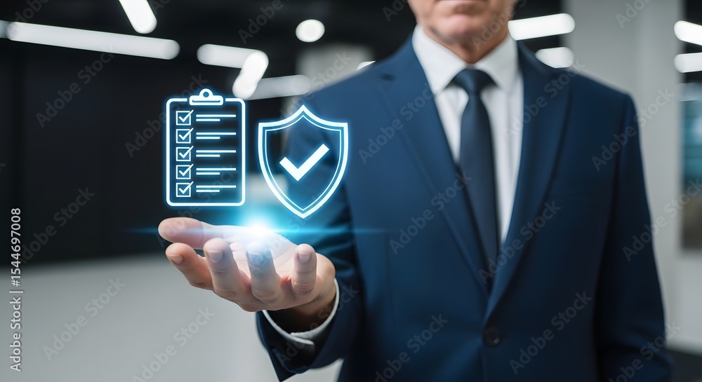 Poster secure business compliance checklist a businessman displays a digital checklist and shield signifyin