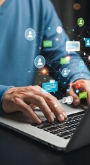 Person using laptop with digital network social media communication icons.  Online interaction connection technology concept.