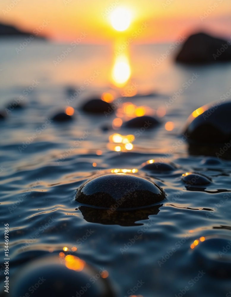 Poster as dawn breaks, smooth, dark stones emerge from the gentle waves while a golden sun rises, casting s