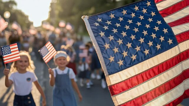 Joyful children celebrate in a vibrant parade with flags