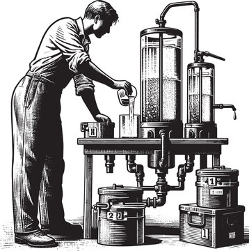 Man conducting scientific experiment with liquid filtration appa