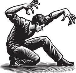 Monochromatic depiction of a man mimicking animal movements with