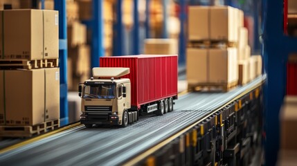 Naklejka premium Miniature truck model delivering boxes in warehouse aisle for logistics transportation shipping delivery business concept