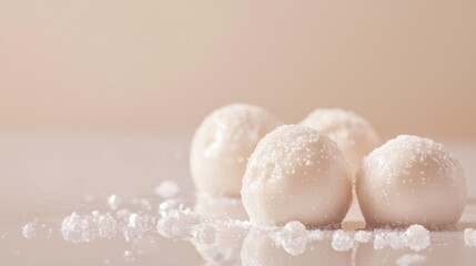 White chocolate truffles with sugar crystals on beige background for sweet dessert minimal elegant food style