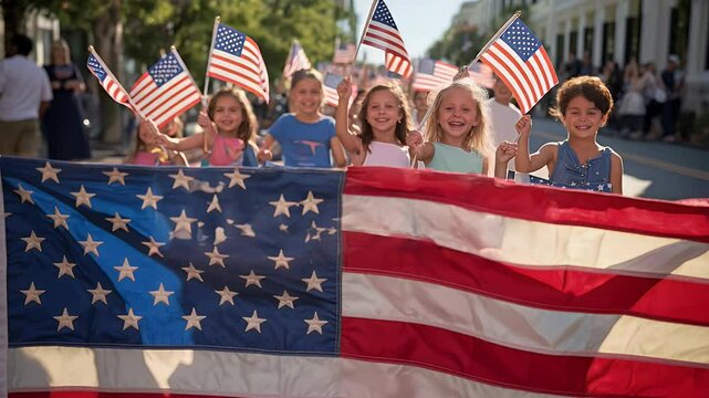 Kids celebrate happy independence day parade with flags