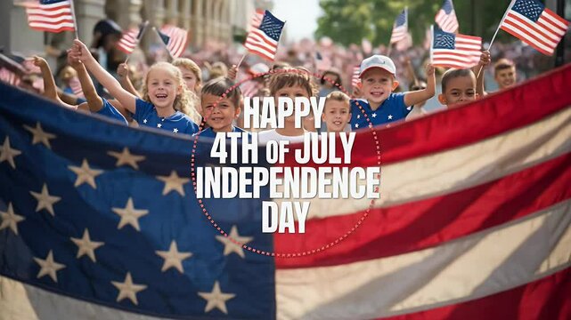Kids celebrate national holiday festive parade with flags