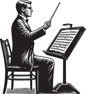 Monochrome drawing of a conductor guiding an orchestra with bato