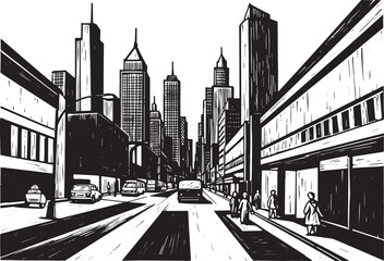 Black and White Illustration of a City Street with Skyscrapers a