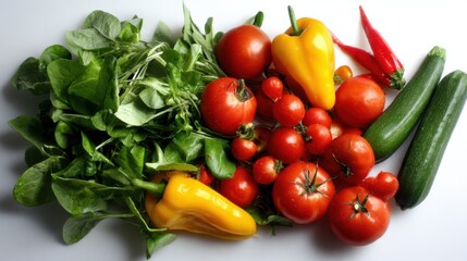 Vibrant assortment of fresh vegetables on white background featuring green spinach leaves, red tomatoes, yellow bell peppers, green zucchinis, and red chili peppers, showcasing textures and shapes.