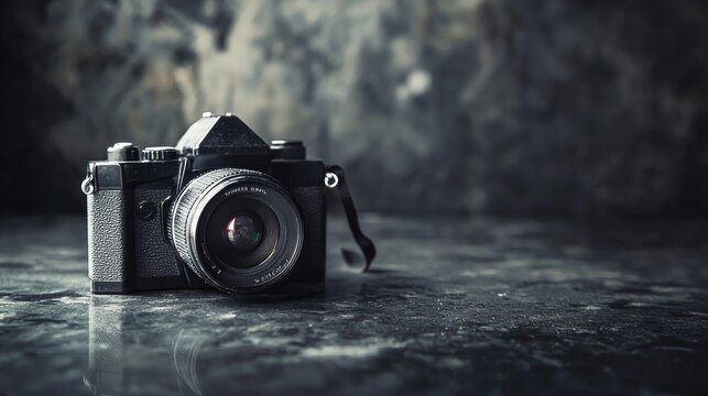 Vintage camera on dark stone surface with moody light for photography nostalgia and retro creative theme