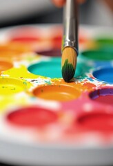 Obraz premium A hand gracefully holds a paintbrush, dipping it into a palette filled with bright colors. Artistic creativity fills the air as hues blend in a spacious studio Generative AI
