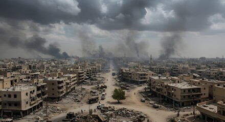 Fototapeta premium Panoramic view of a war-torn city with burning wreckage and military damage visible, showcasing the effects of conflict