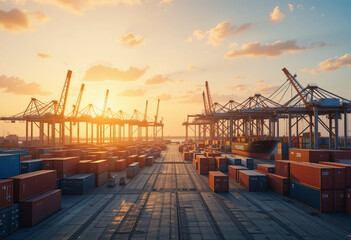 Shipping yard with containers and cargo management, orange sunlight sky