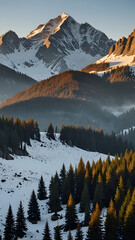 Majestic mountain landscape bathed in golden sunset light.