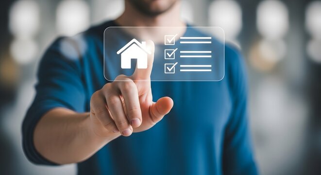Man uses touchscreen technology to check off home checklist items a digital house icon and a list of completed tasks