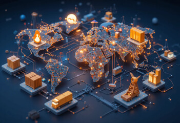 3D illustration of global supply chain network with transport icons
