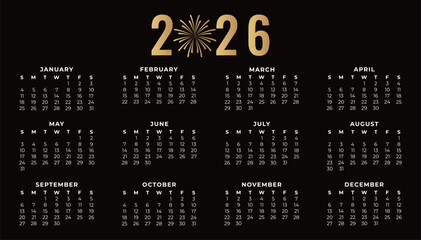 Simple horizontal calendar for 2026 on a dark background. Vector illustration