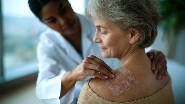 Doctor performing patch test with adhesive squares on back