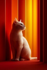 Elegant White Cat Sitting Gracefully in Vivid Sunset Light with Colorful Striped Walls and Artistic Ambient Background