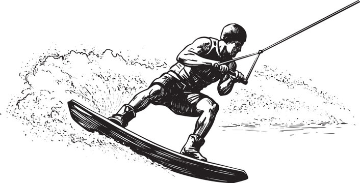 Black and white illustration of a man wakeboarding on the water
