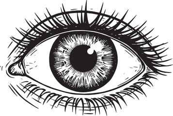 Detailed black and white illustration of a human eye, a vintage