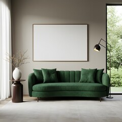Modern living room with emerald green velvet sofa and mockup poster