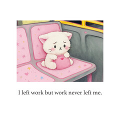 Cute vector-style illustration of a sad white cat holding a heart-shaped pillow while sitting alone on a pink bus seat. Includes the humorous and relatable quote 