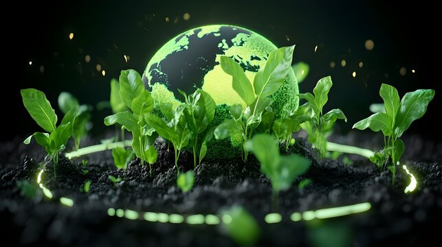 Global growth Plants sprout, glowing earth background