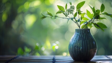 House plant in striped ceramic vase with soft sunlight on green blurred garden background nature home scene